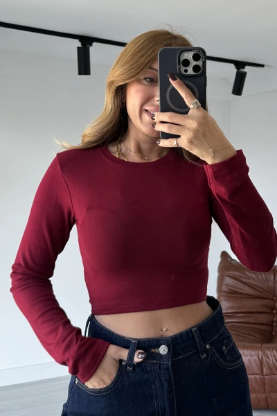Bordo Marka Model Crop Uzun Kollu Bluz