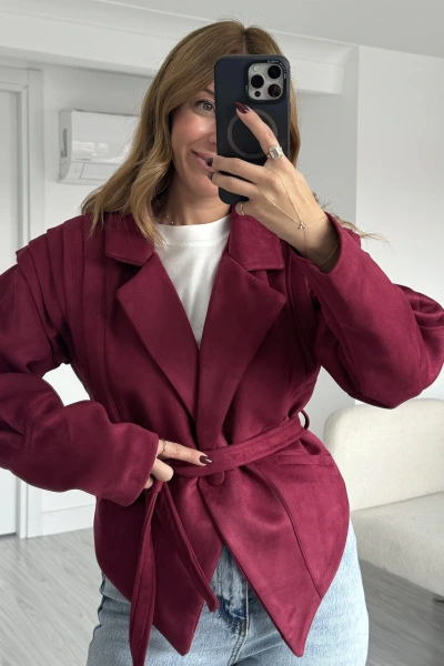 Bordo Omuz Detaylı Kuşaklı Tasarım Süet Ceket