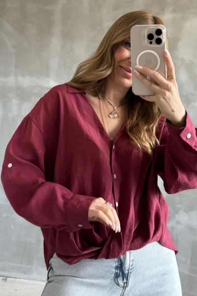 Bordo Önü Düğüm Detay Düşük Omuz Gömlek