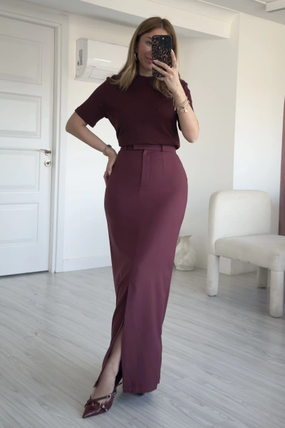 Bordo Önü Yırtmaçlı Kalem Etek