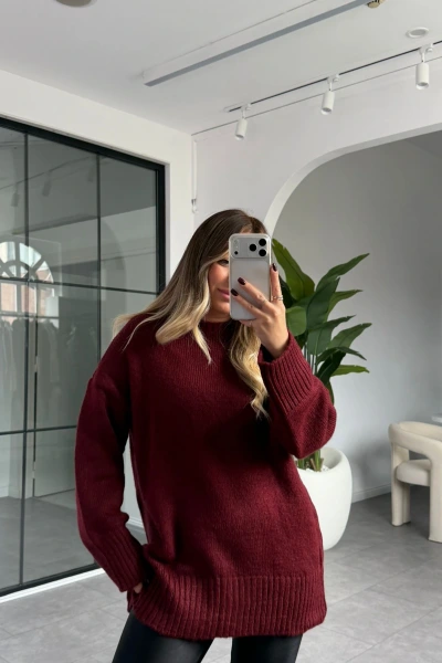 BORDO OVERSİZE BİSİKLET YAKA ÖRGÜ KAZAK