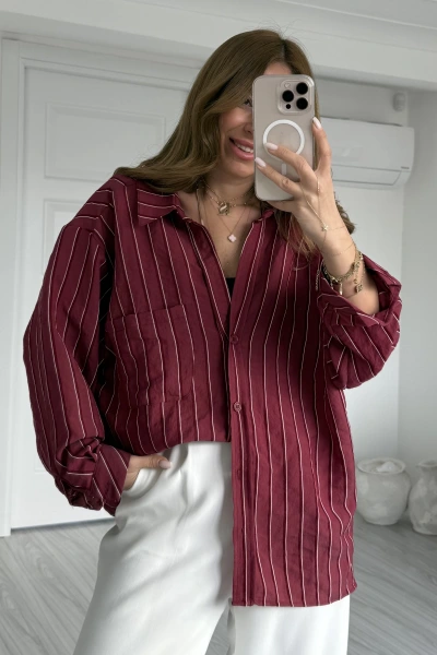 Bordo Oversize V Yaka Düşük Omuz Gömlek