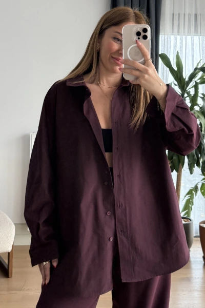 Bordo Poplin Kumaş Basic Oversize Gömlek