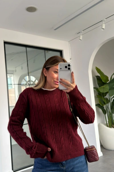 BORDO YUVARLAK YAKA SAÇ ÖRGÜ TRİKO KAZAK