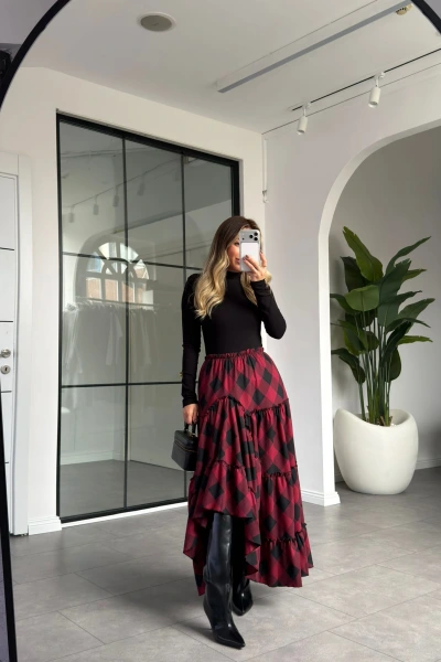 BORDO SİYAH EKOSE DESENLİ ASİMETRİK ETEK