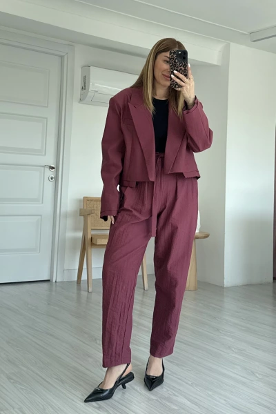 Bordo Tasarım Ceket Bağlama Detaylı Takım
