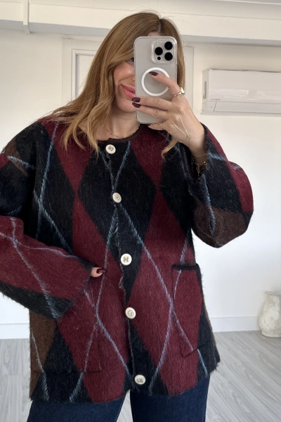 Bordo Torba Cepli Baklava Desen Hırka