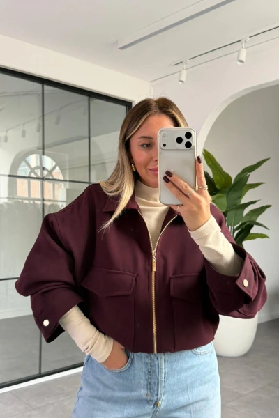 BORDO TORBA CEPLİ BOMBER CEKET