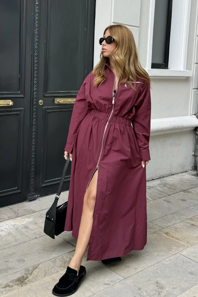 Bordo Uzun Kollu Fermuarlı Elbise