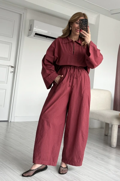 Bordo V Yaka Balon Model Pantolon Takım