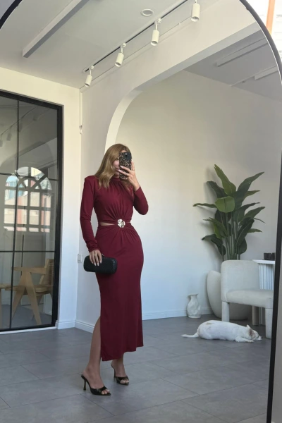 BORDO VATKA OMUZLU BRONŞ DETAY ELBİSE