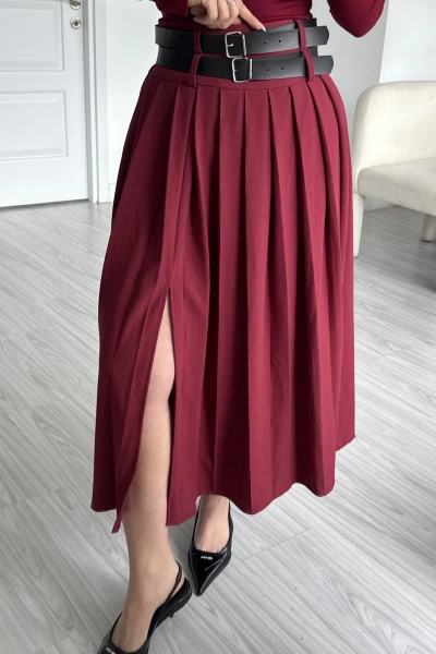 Bordo Yırtmaçlı Çift Kemerli Premium Etek