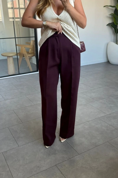 Bordo Yüksek Bel Dökümlü Pantolon