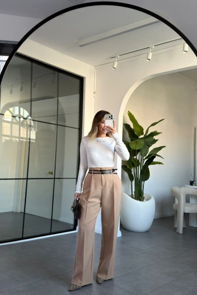 CAMEL ÇİFT KEMERLİ PİLELİ PANTOLON