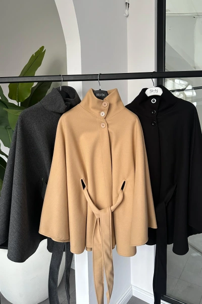 CAMEL DİK YAKA KUŞAKLI PANÇO