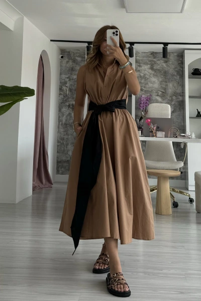 Camel Kemer Detay Gömlek Elbise
