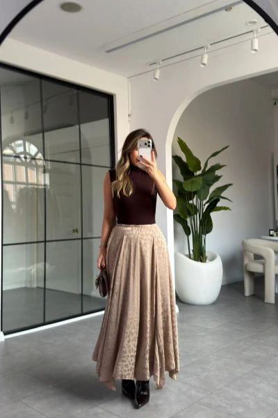 CAMEL LEOPAR DESEN ASİMETRİK SATEN ETEK