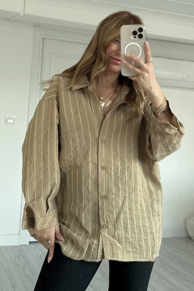 Camel Oversize V Yaka Düşük Omuz Gömlek