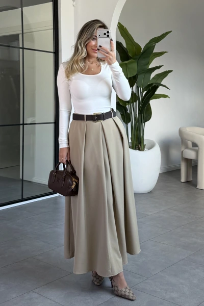 CAMEL PİLİSELİ KEMERLİ ETEK