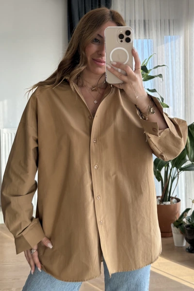 Camel Poplin Kumaş Basic Oversize Gömlek