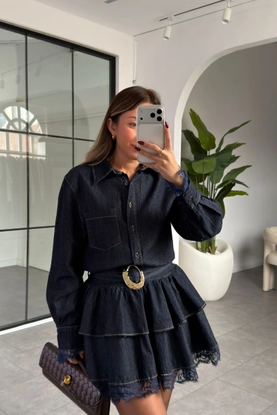 DENİM DANTEL DETAY GOLD TOKALI ELBİSE