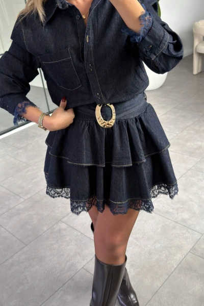 DENİM DANTEL DETAY GOLD TOKALI ELBİSE