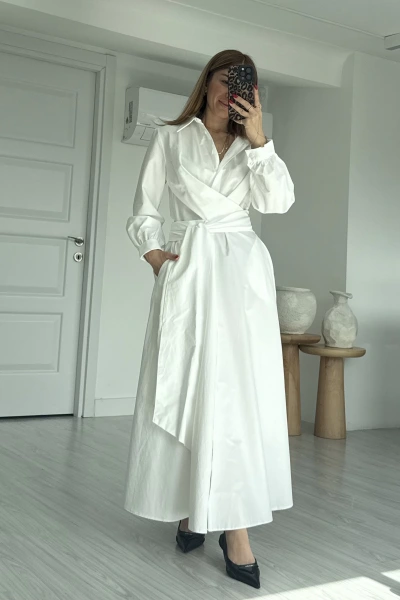 Ekru Bağlamalı Kuşak Detay Gömlek Elbise