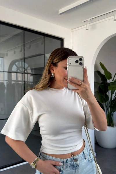 EKRU BELDEN FERMUAR DETAYLI T-SHIRT 1003