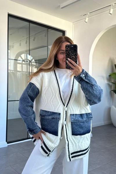 EKRU DENİM GARNİLİ CEPLİ HIRKA