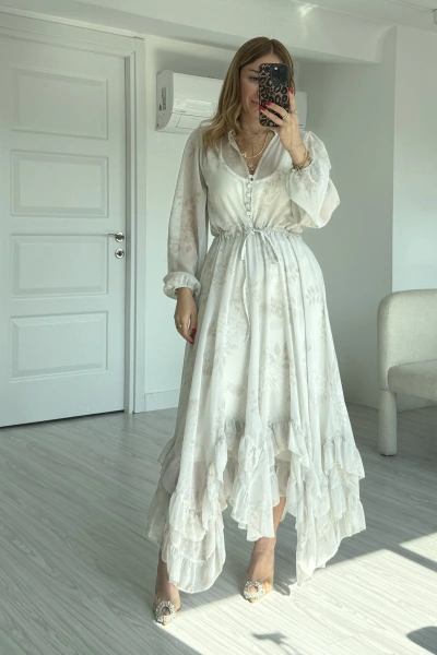Ekru Desenli Volanlı Şifon Elbise