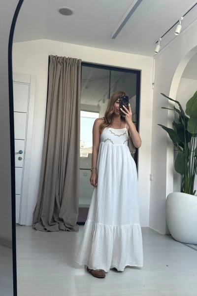 EKRU İNCE ASKILI UZUN ELBİSE