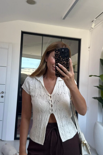 EKRU KISA KOL ÖRGÜ BLUZ