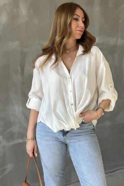 Ekru Önü Düğüm Detay Düşük Omuz Gömlek