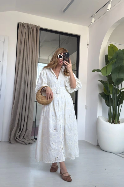 EKRU PİLELİ BALON KOL ELBİSE