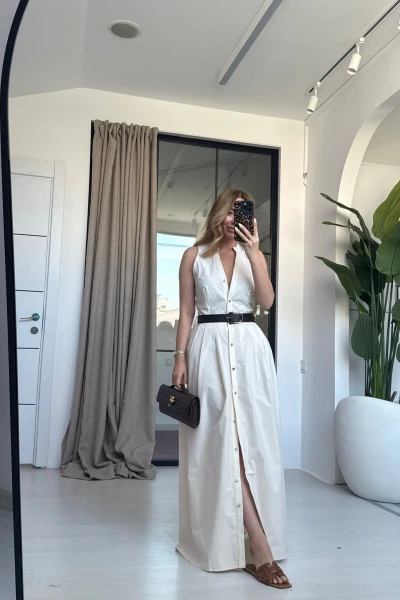 EKRU SIFIR KOL KEMERLİ ELBİSE