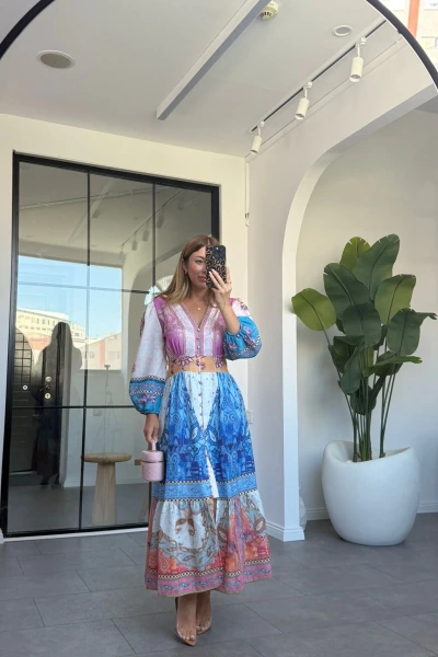 ETNİK DESEN BALON KOL ELBİSE