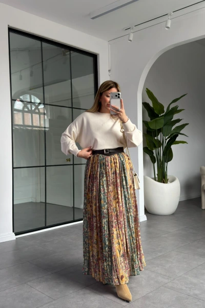 ETNİK DESEN KEMERLİ ASTARLI ETEK