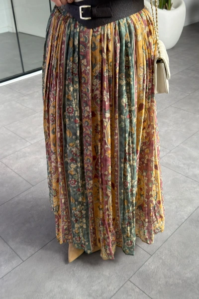 ETNİK DESEN KEMERLİ ASTARLI ETEK