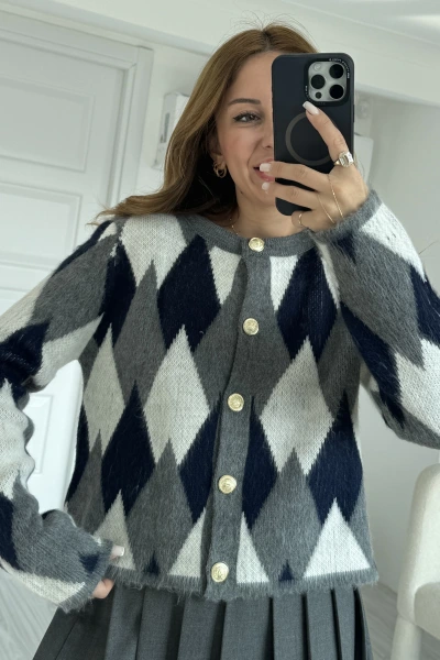 Füme Baklava Desen Gold Düğmeli Hırka