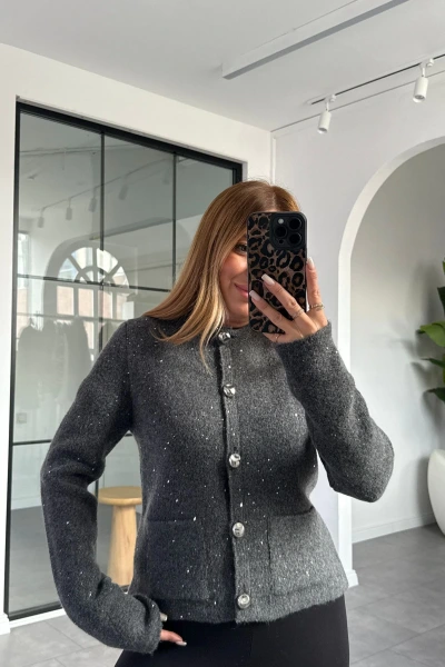 FÜME BİSİKLET YAKA SİMLİ DİLVİN TRİKO HIRKA