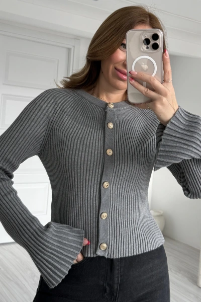 Füme Düğmeli İspanyol Kol Triko Hırka