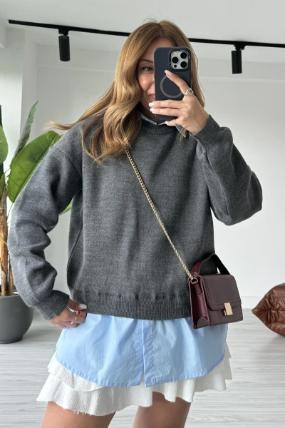 Füme Gömlek Detay Triko Kazak