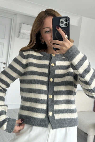 Füme Kalın Çizgili Bisiklet Yaka Düğmeli Hırka