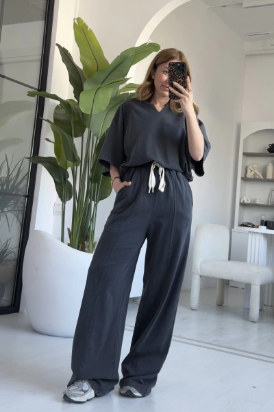 Füme Kısa Kol V Yaka Eşofman Takımı