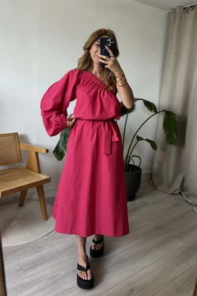 Fuşya Tek Kol Kuşaklı Poplin Elbise
