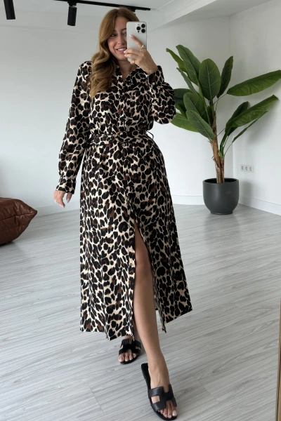 Gold Düğmeli Leopar Elbise