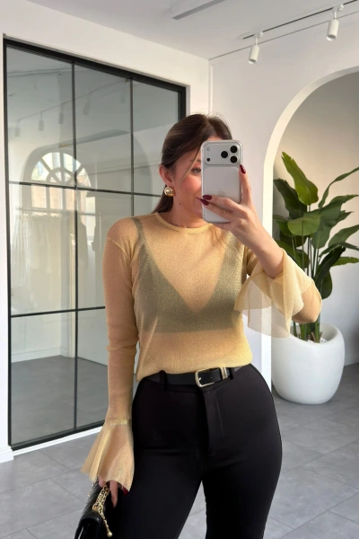 GOLD SİMLİ TÜL BLUZ