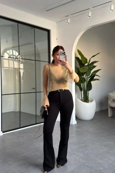 GOLD SİMLİ TÜL BLUZ