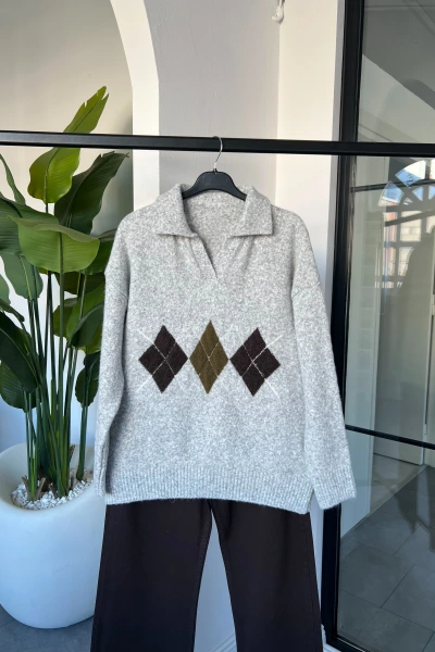 GRİ BAKLAVA DESEN POLO YAKA KAZAK