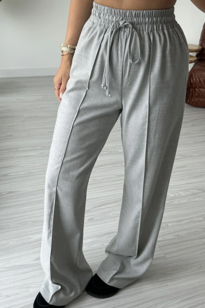 Gri Beli Bağlamalı Nervür Pantolon